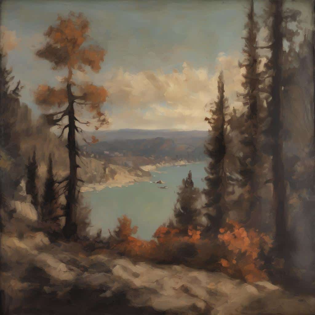 Παραδοσιακό τοπίο με δέντρα και ποτάμι σε φθινοπωρινή ατμόσφαιρα.