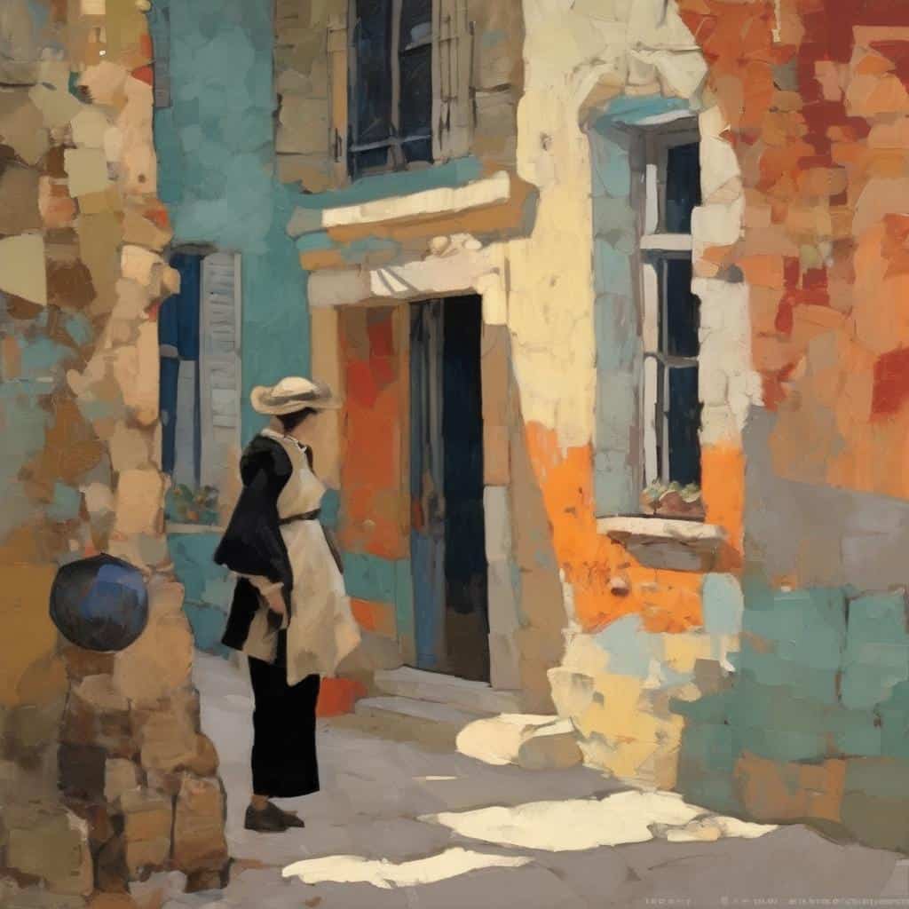 Χαρακτικό πορτραίτο γυναίκας σε μια οδό με παλιά κτίρια, εκφράζοντας κοινωνική και καλλιτεχνική επιρροή.